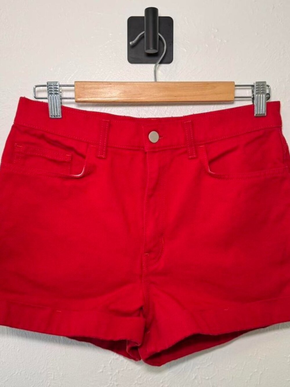 American Apparel Bright Red Summer Denim High Waist Shorts Size 30 Made in USA